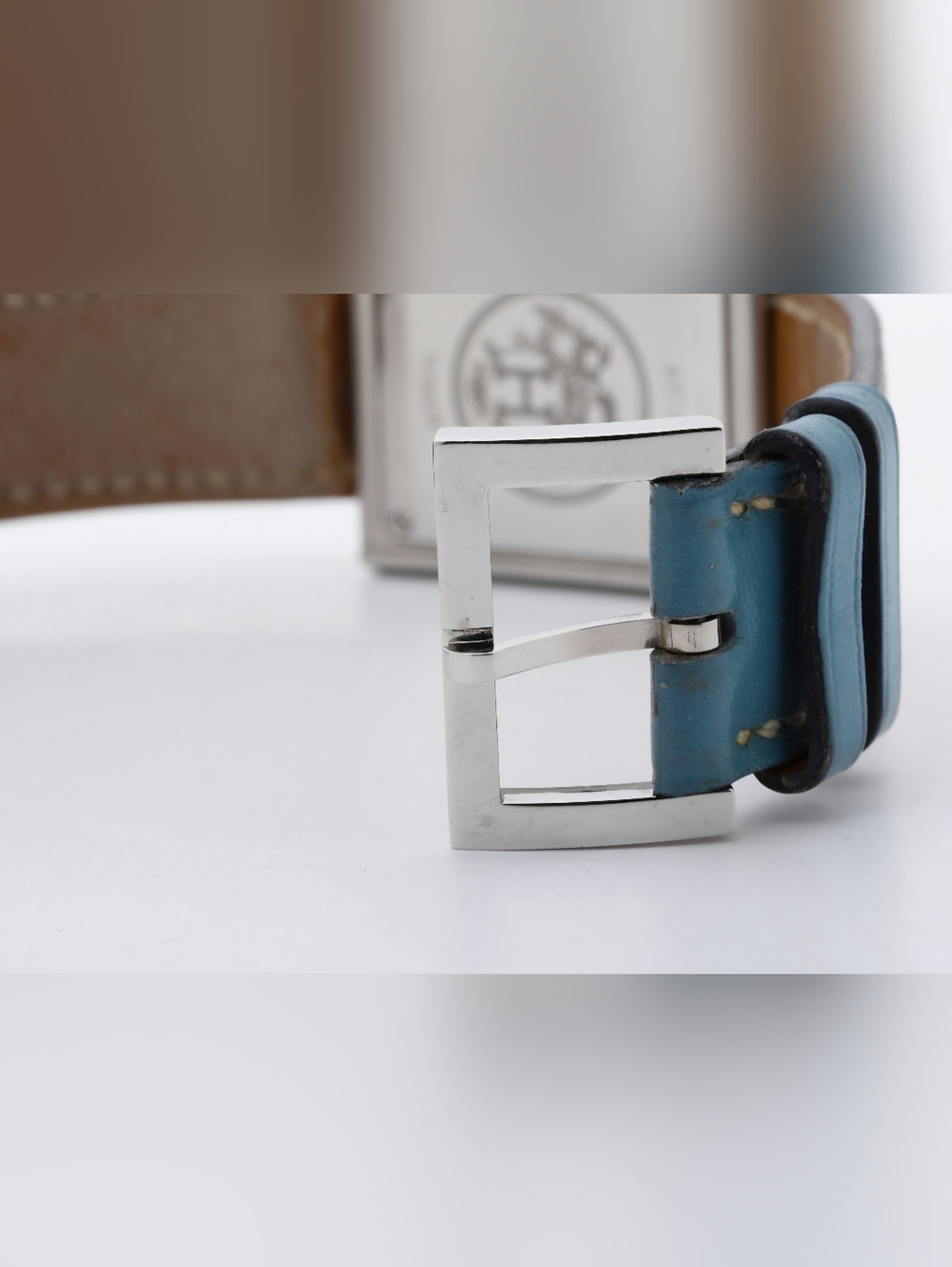 Hermès Paris Square Stainless Steel Womens Watch Light Blue Leather Strap - Picture 6 of 8